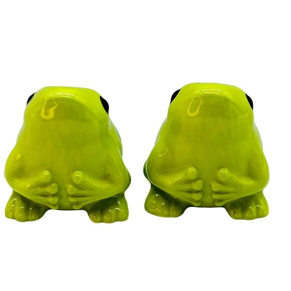 Green Frog Toad Blue Polka Dot Salt Pepper Shakers 1.75 inch Ceramic - Picture 2 of 8